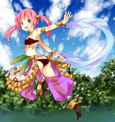  ass bracelet butt_crack dancer_(sekaiju) green_eyes izumi_minami jewelry open_mouth pants pink_hair sekaiju_no_meikyuu sekaiju_no_meikyuu_4 shawl short_hair smile solo twintails 