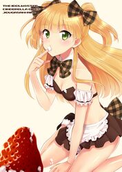  apron blonde_hair blush bow breasts character_name cleavage eating food food_on_face fruit green_eyes hair_bow icing idolmaster idolmaster_cinderella_girls jougasaki_rika long_hair looking_at_viewer oversized_object plaid plaid_bow pu_uq short_twintails simple_background sitting skirt solo strawberry title_drop twintails two_side_up waist_apron wariza white_background 