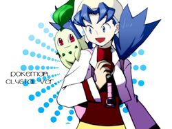  bangs blue_eyes blue_hair chikorita crystal_(pokemon) engrish hat holding holding_poke_ball leaf open_mouth poke_ball pokemon pokemon_(game) pokemon_gsc ranguage red_eyes title_drop twintails 