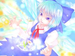  blue_eyes blue_hair bow cirno daisy dress flower frozen hair_bow ice ice_wings short_hair sironyan-kuronyan solo touhou wings 
