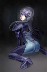  bodysuit boots highres inia_sestina kneeling lavender_eyes lavender_hair long_hair muvluv muvluv_alternative muvluv_total_eclipse naoki_yukira 