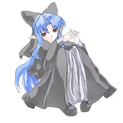  1girl black_dress blue_hair bow dress hair_bow interlocked_fingers len light_smile long_hair mary_janes melty_blood minimaki pointy_ears red_eyes shoes sitting tsukihime 
