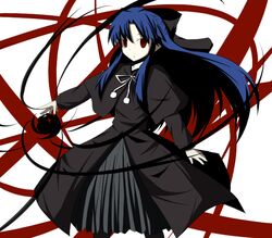  blue_hair bow capelet dress energy_ball hair_bow kagetsu_tooya leica603 len long_hair long_skirt melty_blood pantyhose payot red_eyes skirt solo tsukihime 