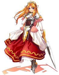  armor armored_dress blonde_hair blue_eyes boots dress garnet_(spectral_souls) gloves greaves hairband hirano_katsuyuki long_hair official_art pauldrons red_dress solo spectral_(series) spectral_souls sword weapon white_background 