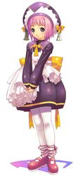  apron blue_eyes dress frills hat hirano_katsuyuki lia_(spectral_souls) mary_janes official_art pantyhose pink_hair purple_dress shoes short_hair solo spectral_(series) spectral_souls v_arms white_background white_legwear 