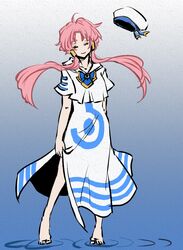  aria barefoot beret closed_eyes drawfag dress eyes_closed hair_tubes hat head_tilt long_hair mizunashi_akari payot pink_hair side_slit smile solo twintails uniform wind_lift 