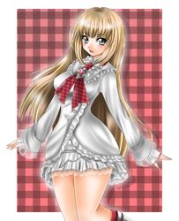  1041_(toshikazu) 1girl blonde_hair blue_eyes curvy dress emilie_de_rochefort fingerless_gloves frills gloves miniskirt skirt slender_waist smile solo tekken white_dress 