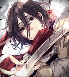  black_eyes black_hair from_below jacket mana_(supaner) mikasa_ackerman scarf shingeki_no_kyojin short_hair sword weapon 