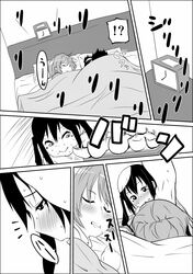  2girls alarm_clock bed blush clock comic drooling gensokigou hirasawa_yui k-on! long_hair multiple_girls nakano_azusa pillow sleeping translation_request under_covers 