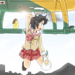  bag bird black_eyes black_hair cigarette fish gaketsu grocery_bag helicopter mogura_(nichijou) nichijou school_uniform shinonome_nano shopping_bag short_hair skirt smile solo vehicle winding_key 