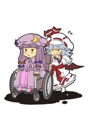  :< bow crescent curiosities_of_lotus_asia flat_gaze frills frown hat hat_bow multiple_girls patchouli_knowledge purple_eyes purple_hair red_eyes remilia_scarlet silver_hair simple_background sitting skirt touhou violet_eyes wheelchair white_background wings yagimiwa 