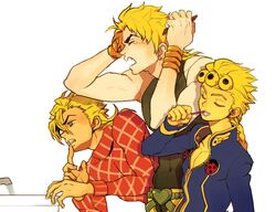  3boys blonde_hair blue_eyes bracelet brushing_teeth combing diego_brando dio_brando fang giorno_giovanna green_eyes jewelry jojo_no_kimyou_na_bouken ladybug morning multiple_boys steel_ball_run tears tem_(artist) 