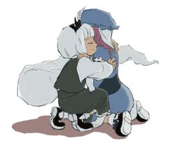  2girls d-nobi hat hug japanese_clothes konpaku_youmu konpaku_youmu_(ghost) multiple_girls pink_hair saigyouji_yuyuko short_hair silver_hair touhou triangular_headpiece 