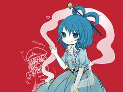 2girls blue_eyes blue_hair chinese_clothes collarbone flower hair_rings hair_stick hat heart kaku_seiga kanitama_(putyourhead) miyako_yoshika multiple_girls ofuda open_mouth outstretched_arms puffy_sleeves red_background shawl short_sleeves smile solo star ten_desires touhou zombie_pose 