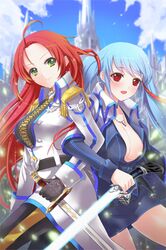  belt blue_hair blush breasts cleavage deeple epaulettes gloves green_eyes grin hair_ribbon holding jacket jacket_on_shoulders jaina_preventer jewelry long_hair lowres luthica_preventer military military_uniform necklace open_mouth outdoors red_eyes red_hair redhead ribbon skirt smile sword sword_girls uniform very_long_hair weapon 
