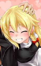  bangs blonde_hair blush bow braid breasts close-up closed_eyes eyes_closed face grin hair_bow hair_ribbon hand_on_head highres k2isu kirisame_marisa long_hair no_hat no_headwear ribbon side_braid single_braid smile solo touhou 
