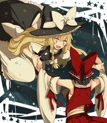  apron blonde_hair blush bow braid brown_hair detached_sleeves hair_bow hakurei_reimu hat hat_bow ishiaji kirisame_marisa long_hair multiple_girls open_mouth sarashi short_hair side_braid single_braid star touhou wide_sleeves witch_hat yellow_eyes 