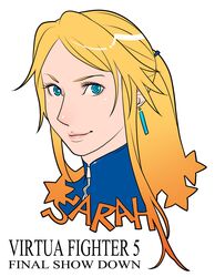  blonde_hair blue_eyes bust character_name earrings g-room_honten jewelry lips long_hair nose sarah_bryant smile solo title_drop virtua_fighter virtua_fighter_5:_final_showdown 