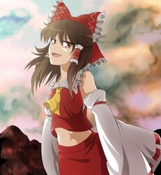  ascot bow brown_hair detached_sleeves eo_(artist) hair_bow hair_tubes hakurei_reimu highres navel open_mouth red_eyes sarashi short_hair solo touhou wide_sleeves 