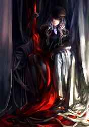  bad_id caren_hortensia caren_ortensia cloth fate/hollow_ataraxia fate_(series) hat highres kzcjimmy long_hair pantyhose silver_hair solo throne yellow_eyes 