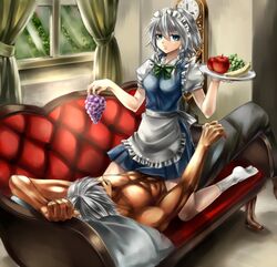  1girl banana blue_eyes braid clock couch curtains dante devil_may_cry food fruit grapes holding izayoi_sakuya looking_at_viewer maid maid_headdress morichika_rinnosuke muscle nagare no_shoes open_mouth pillow shirtless short_hair short_sleeves silver_hair socks straddle touhou tray twin_braids window 
