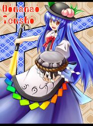 blue_hair character_name food fruit hat hinanawi_tenshi keystone leaf long_hair open_mouth orange_eyes peach puffy_sleeves qontamblue rock rope short_sleeves solo sword sword_of_hisou touhou weapon 