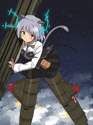  animal_ears atriker_unit blush cloud clouds green_eyes hirschgeweih_antennas jankey4649 military military_uniform necktie night rocket_launcher sanya_v_litvyak shiba_murashouji short_hair silver-hair silver_hair skirt solo star_(sky) strike_witches striker_unit tail uniform weapon 