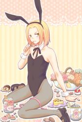  :3 androgynous animal_ears axis_powers_hetalia basket black_legwear blonde_hair bulge bunny_ears bunny_tail bunnysuit cake candy carrot cookie crossdressing cuffs detached_collar food green_eyes jar macaron male mary_janes noki_(malachitepower) pantyhose poland_(hetalia) rabbit_ears ribbon shoes short_hair smile tail trap wrist_cuffs 