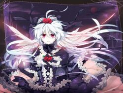  ankon_(artist) bow dress feathers flower flowers frills goth-loli gothic_lolita gray_hair jpeg_artifacts lolita_fashion lolita_hairband long_hair pink_eyes red_eyes ribbons rose rozen_maiden silver_hair solo suigintou wings 