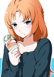  1girl alternate_costume apon blue_eyes blush collarbone eating food gundam gundam_unicorn ice_cream ice_cream_cone long_hair marida_cruz orange_hair solo 