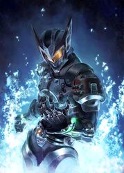  blue_fire fire flag_custom fusion gundam gundam_00 helmet kamen_rider mecha pilot_suit solo visor yahako 