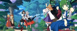  6+girls aki_minoriko aki_shizuha animal_ears blonde_hair blue_hair dango detached_sleeves food frog_hair_ornament green_eyes green_hair hair_ornament hair_tubes hat highres inubashiri_momiji kagiyama_hina kawashiro_nitori kochiya_sanae long_hair moriya_suwako multiple_girls open_mouth profile shameimaru_aya short_hair silver_hair skirt smile snake_hair_ornament takuzui tengu-geta tokin_hat touhou umbrella wagashi wolf_ears yasaka_kanako 