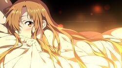  asuna_(sao) blush brown_eyes brown_hair hair_over_one_eye jewelry long_hair looking_at_viewer lying mizuki_makoto naked_sheet on_stomach ring smile solo sweat sword_art_online 