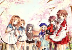  6+girls black_eyes black_hair blonde_hair blue_eyes boots brown_eyes brown_hair dress green_eyes hairband hat holding_hands long_hair multiple_girls red_eyes redhead short_hair skirt smile thigh-highs 