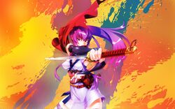  armor bow breasts busujima_saeko cleavage elbow_gloves gloves highschool_of_the_dead japanese_clothes jpeg_artifacts katana long_hair ninja ponytail purple_hair scarf sword thigh-highs violet_eyes watermark weapon 