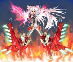  1girl alternate_costume bow fiery_wings fire fujiwara_no_mokou hair_bow ku-ba long_hair mecha_musume navel open_mouth red_eyes solo touhou very_long_hair white_hair wings 