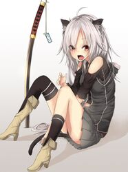 1girl animal_ears bow brown_eyes fangs grey_hair katana la-na long_hair open_mouth original skirt sword tail thigh-highs thighhighs weapon 
