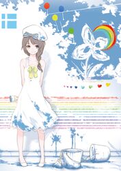  arms_behind_back balloon braid collarbone colorful crescent dress grey_hair hat hat_ribbon heterochromia highres original paint paint_bucket paintbrush ribbon single_braid solo standing tokiti 
