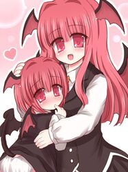  bust child fang finger_to_mouth head_wings hug koakuma long_hair looking_at_viewer multiple_girls open_mouth panties red_eyes red_hair redhead ry short_hair simple_background smile tail touhou underwear white_background white_panties wings 