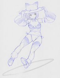  bare_shoulders bob_cut breasts cadie camisole choker detached_sleeves hat kasuga_yukihito monochrome pangya panties short_hair side-tie_panties solo thigh-highs thighhighs traditional_media underwear 