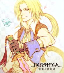  1boy blonde_hair blue_eyes blurry dagger depth_of_field final_fantasy final_fantasy_ix gloves knife long_hair onose1213 ponytail solo weapon zidane_tribal 