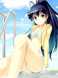  bikini black_hair blue_eyes fang ganaha_hibiki hoodie idolmaster jacket long_hair ponytail pool pool_ladder poolside sitting swimsuit takase_hiro 