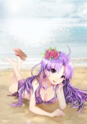  1girl barefoot beach bikini flower hair_flower hair_ornament long_hair lying ocean on_stomach purple_hair sandals single_shoe sky smile solo swimsuit violet_eyes water 