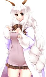  antennae black_eyes breasts cleavage highres long_hair original simple_background solo very_long_hair white_background white_hair yutazou 