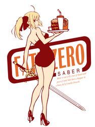  absurdres ahoge aszx4000 blonde_hair caliburn casual_one-piece_swimsuit dress english fate/zero fate_(series) food french_fries hamburger high_heels highres one-piece_swimsuit ponytail saber shoes solo swimsuit sword waitress weapon 