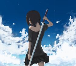  black_hair cloud from_behind highres la-na looking_back off_shoulder original red_eyes short_hair skirt sky solo sword weapon 
