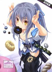  absurdres arms_up artist_name doughnut explosive food ginrou_(oooku_no_sakura) grenade hair_ribbon highres miyama-zero mouth_hold oooku_no_sakura ponytail ribbon scan silver_hair skirt solo yellow_eyes 