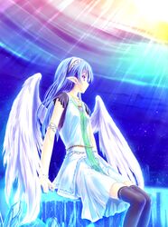  angel_wings aqua_hair armlet black_legwear crystal highres jewelry necklace original pointy_ears profile purple_eyes sitting sky solo star_(sky) starry_sky sunbeam sunlight tenmaso thigh-highs thighhighs violet_eyes wings 