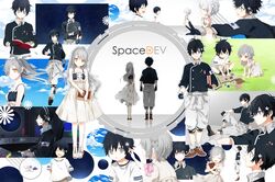  1girl bare_shoulders black_hair collage dress gloves gomas highres long_hair looking_at_viewer orange_eyes original shoes silver_hair smile spacedev_(vocaloid) vocaloid 