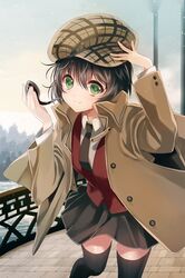  asmis black_hair black_legwear blazer coat deerstalker dress_shirt green_eyes hair_between_eyes hat holding leg_up lowres necktie pipe pleated_skirt reum shirt short_hair skirt smile sword_girls thigh-highs thighhighs 